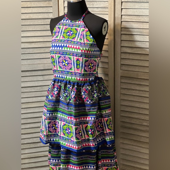 Vintage One of a Kind Geometric Artsy Print Ruffled Halter Backless Maxi Dress - Picture 10 of 13